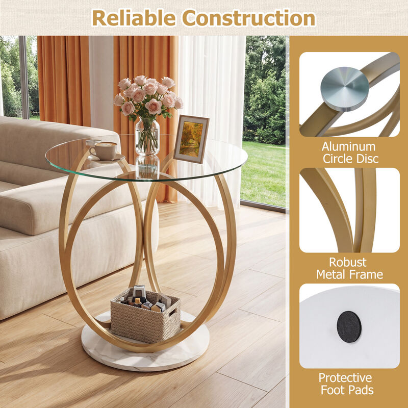 Round End Table Faux Marble Side Table with Tempered Glass Tabletop image number 4