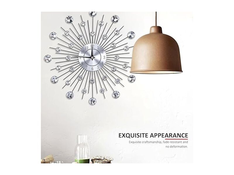 Crystal Sparkling Bling Diamond Studded Wall Clock 13 Inch Metal Silver Modern image number 3