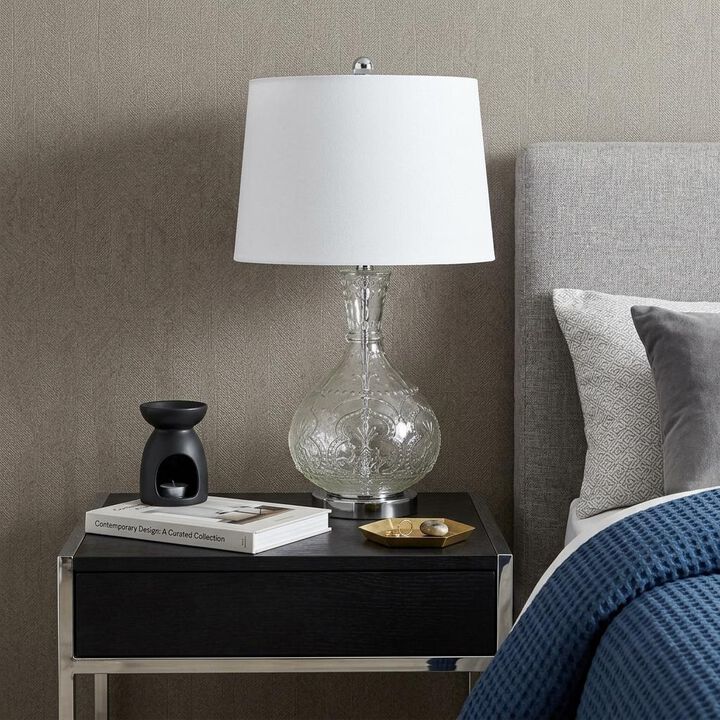 HomeRoots 27" Clear Metal Round Table Lamp With White Shade