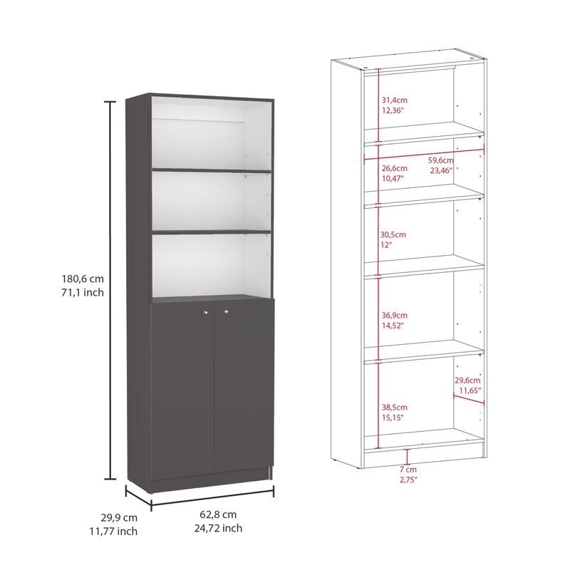 Home 2-Door Bookcase, Modern Storage Unit with Dual Doors and Multi-Tier Shelves -Matt Gray / White