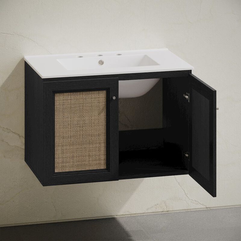 30" Wall-Mounted Bathroom Vanity, Black Oak, Widespread Faucet Holes Vanity Top image number 4