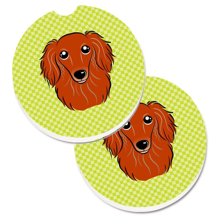Caroline's Treasures Checkerboard Lime green Longhair Red Dachshund Set of 2 Cup Holder Car Coasters BB1276CARC, 2.56, Multicolor