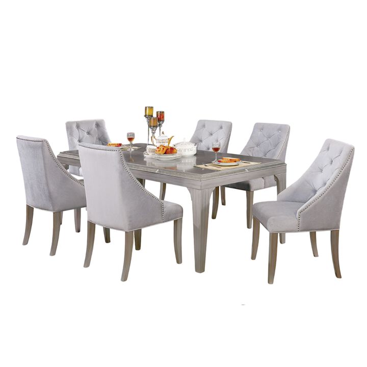 Jamie 7pc Dining Table Set, 6 Button Tufted Fabric Chairs, Silver-Gray