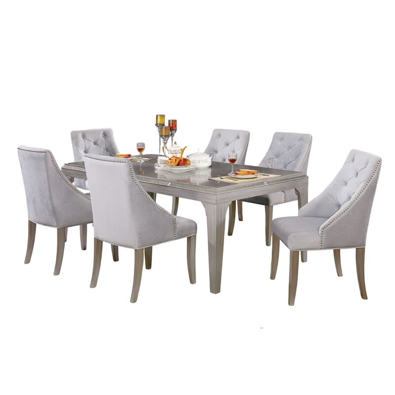 Jamie 7pc Dining Table Set, 6 Button Tufted Fabric Chairs, Silver-Gray image number 0