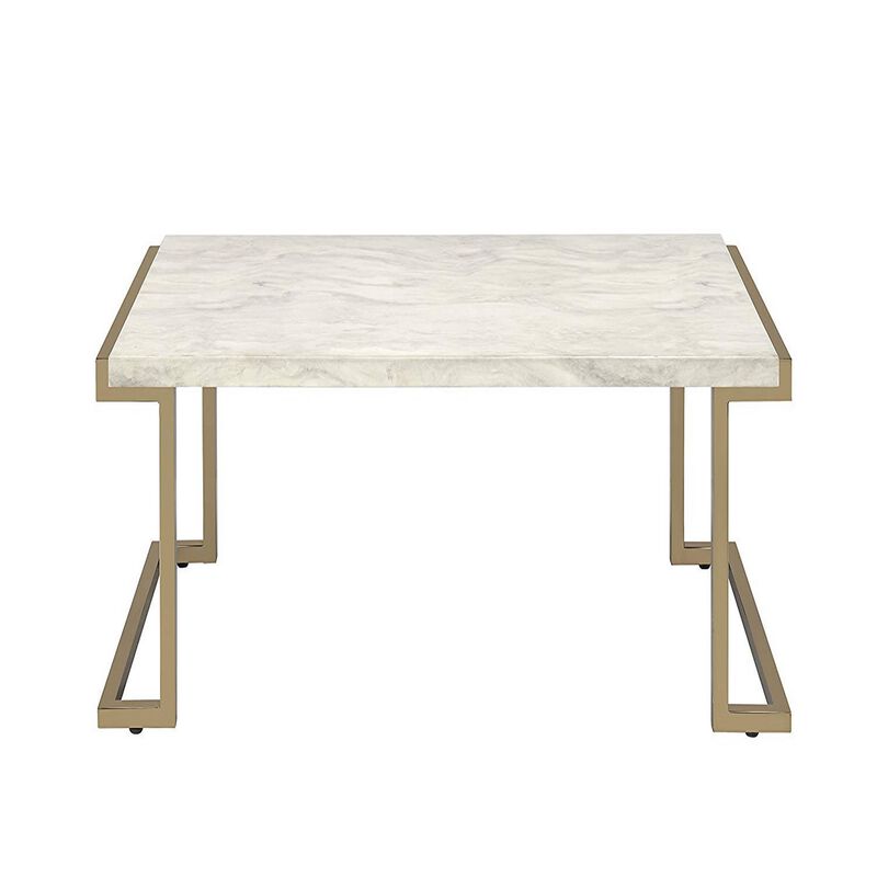 Faux Marble Top Coffee Table With Metal Base, White And Gold-Benzara
