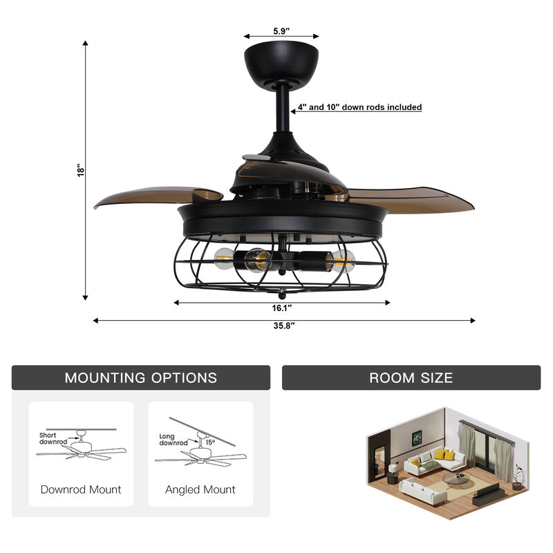 36 in. Retractable 3 Blades Ceiling Fan with Light Kit