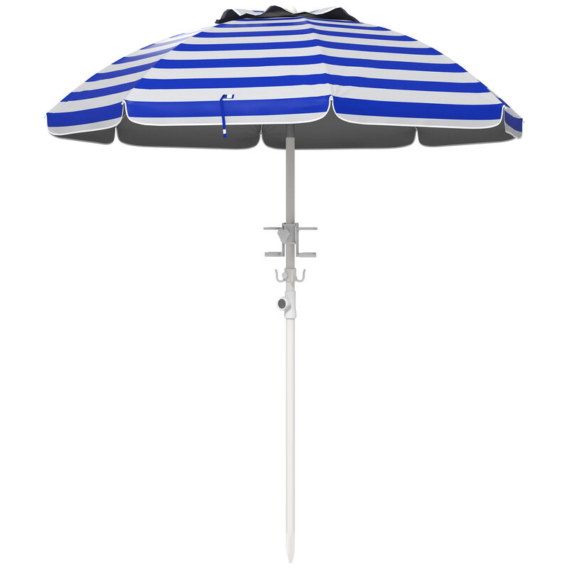 Outsunny 5.7' Portable Beach Umbrella with Tilt, Adjustable Height, 2 Cup Holders, Hook, Ruffled Outdoor Umbrella with Vented Canopy, Blue White Stripe