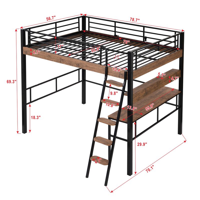 Whisen Metal Full Size Loft Bed with Built-in Desk and Storage Shelf and Ladder - Black