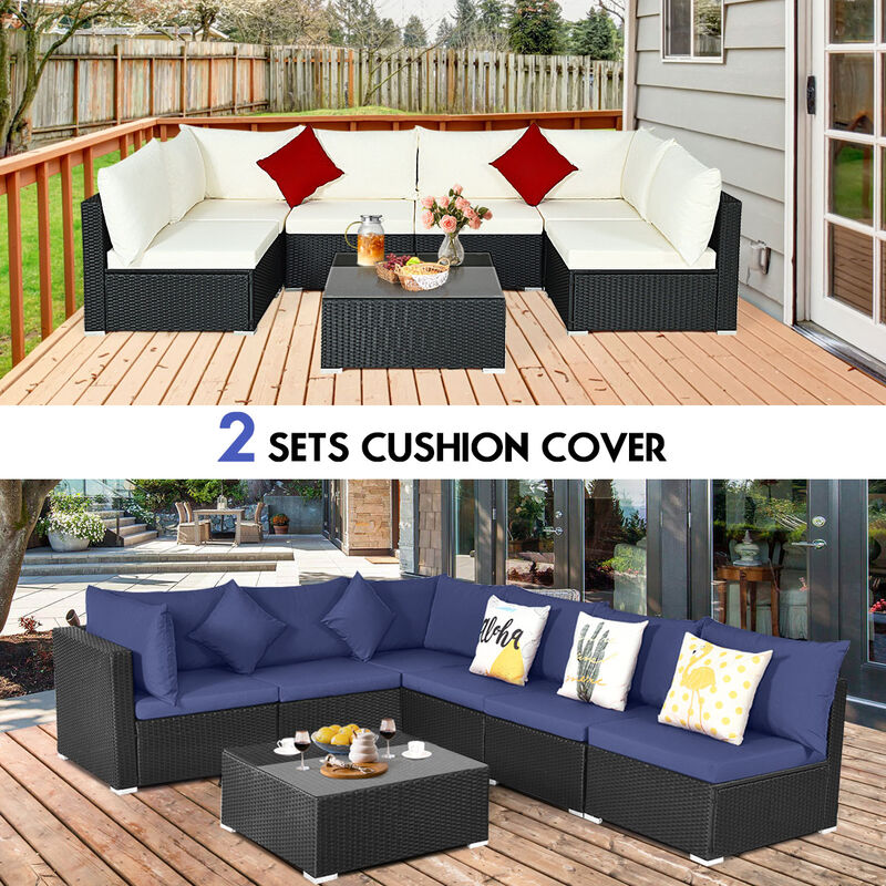 7-Piece Outdoor Sectional Wicker Patio Sofa Set with Tempered Glass Top