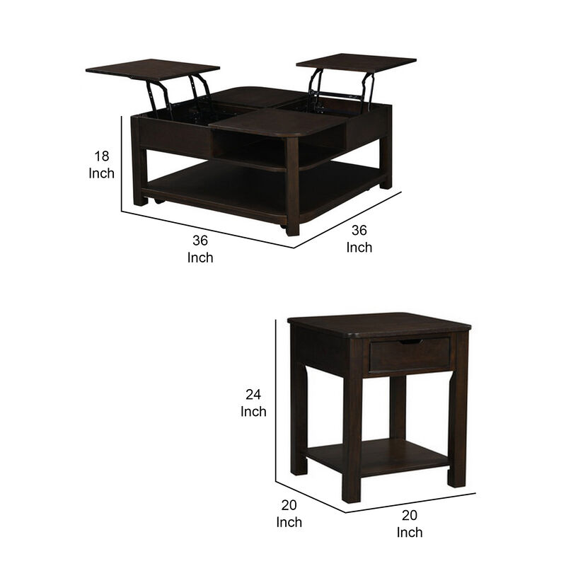 Miyo 2pc Lift Top Coffee Table and End Table Set, Modern Style Dark Brown-Benzara
