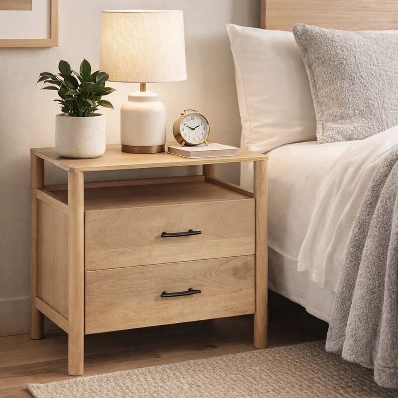 Geti 29 Inch Bedside Nightstand Table, 2 Drawer, Open Shelf, Handcrafted Natural Oak White Mango Wood image number 2