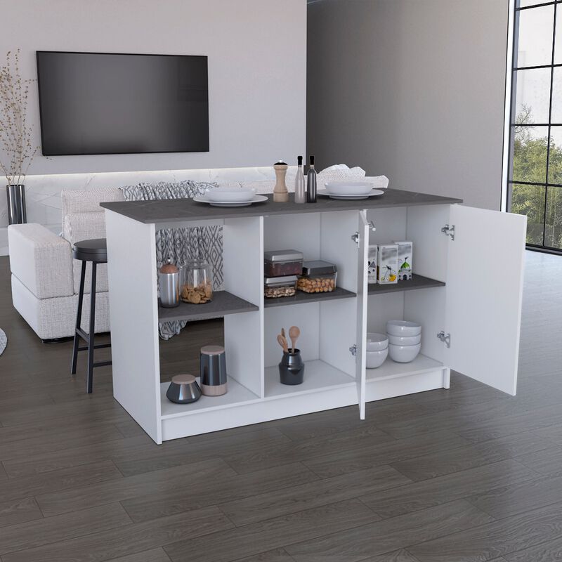 Coral Kitchen Island with Large Countertop, Open Storage Shelves and Double Door Cabinet, White / Onyx -Kitchen