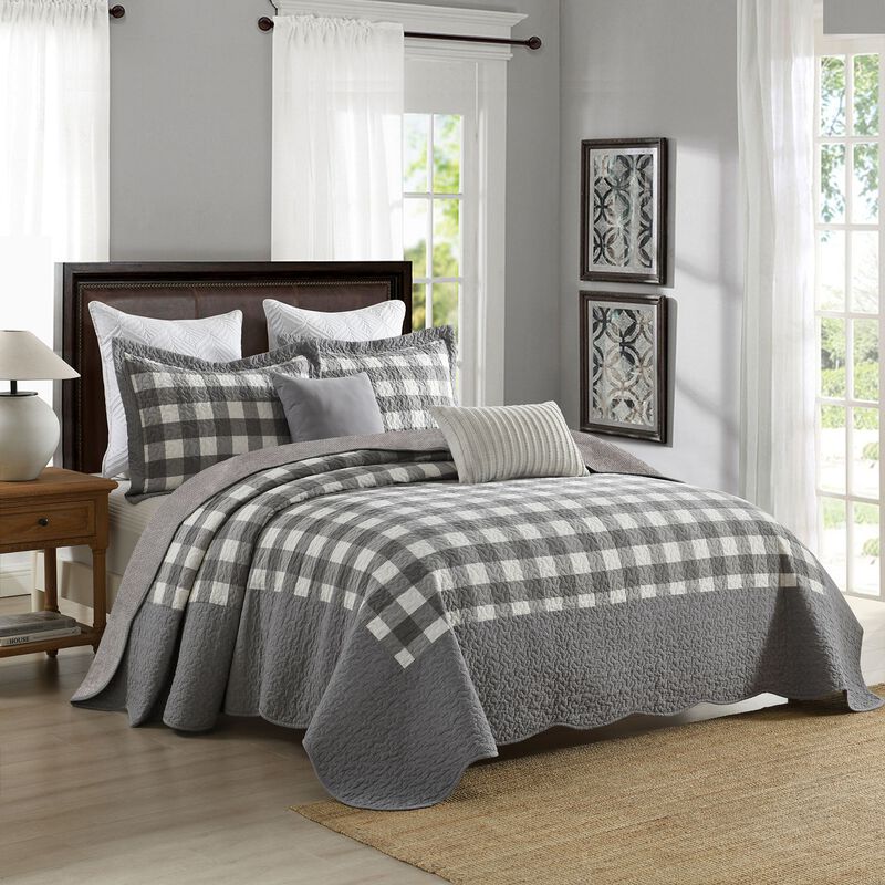 MarCielo 3-Pieces Grey And White Checkered Pattern Quilted Lightweight Bedspread Set