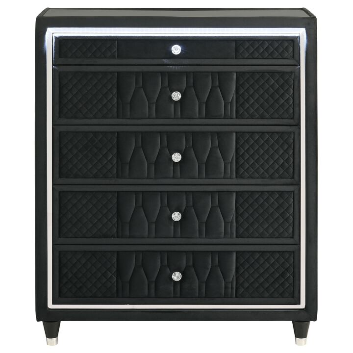 Maren Tall Dresser Chest, 5 Drawers and LED Light, Black Tufted Velvet