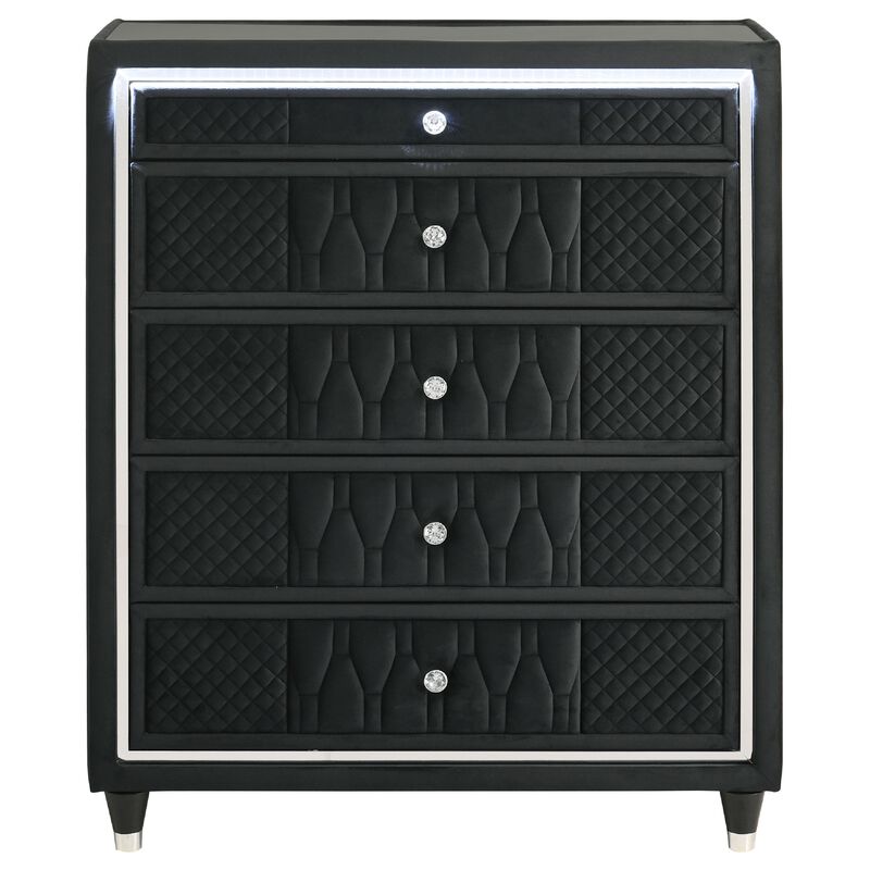 Maren Tall Dresser Chest, 5 Drawers and LED Light, Black Tufted Velvet image number 0
