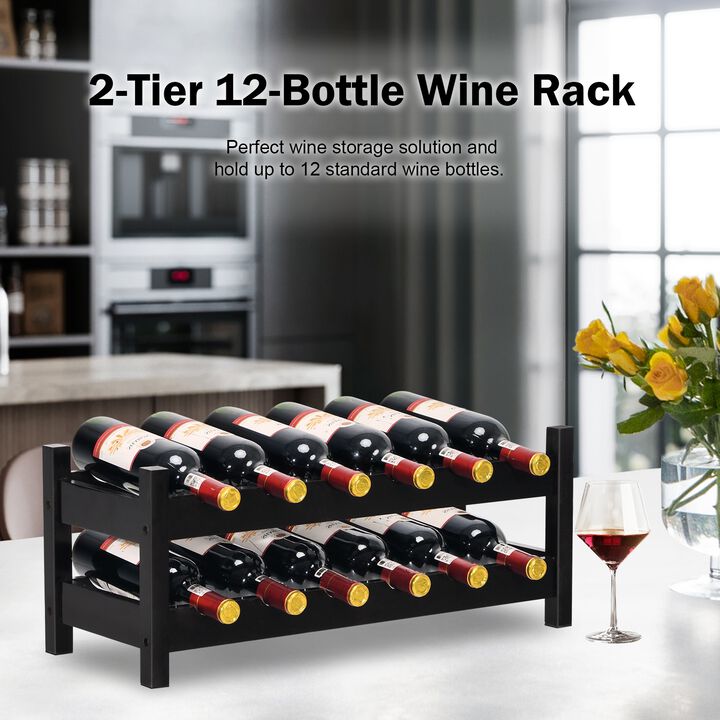 2-Tier 12 Bottles Bamboo Storage Shelf  Wine Rack-Brown