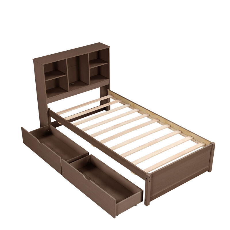 Stylish Bed Frame with USB Ports, Headboard with Bookcase & 2 Storage Drawers for Bedroom