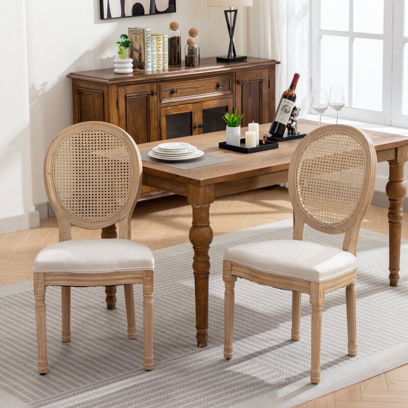 Whisen French Style Dining Chair, Solid Rubberwood Frame with Linen Upholstery and Rattan Back, Set of 2 for Living Room Kitchen image number 3