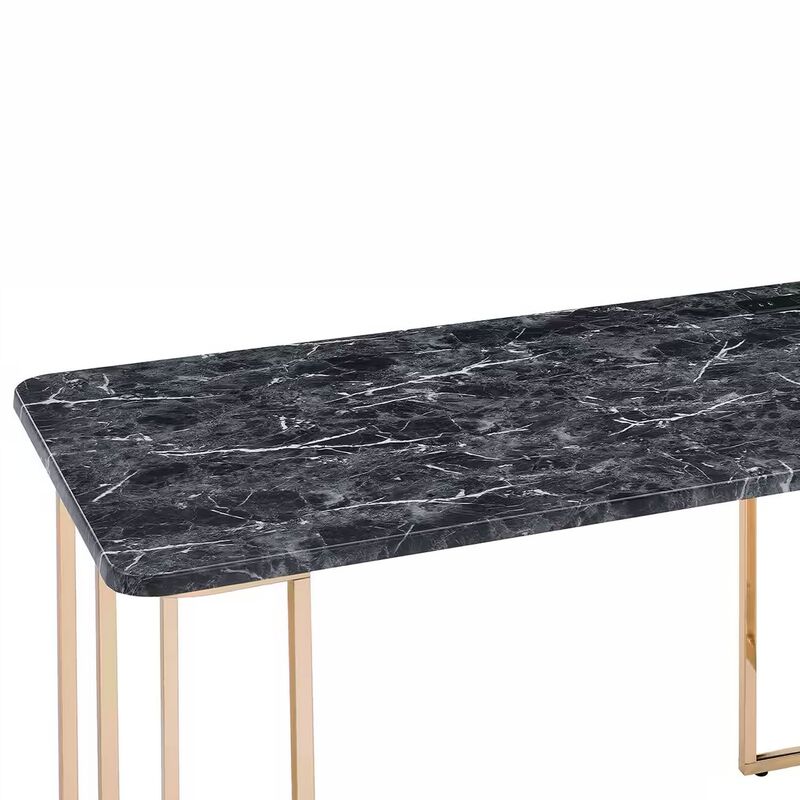 Jenny 47 Inch Desk, USB Power Outlet, Gold Metal Legs, Black Faux Marble - Benzara