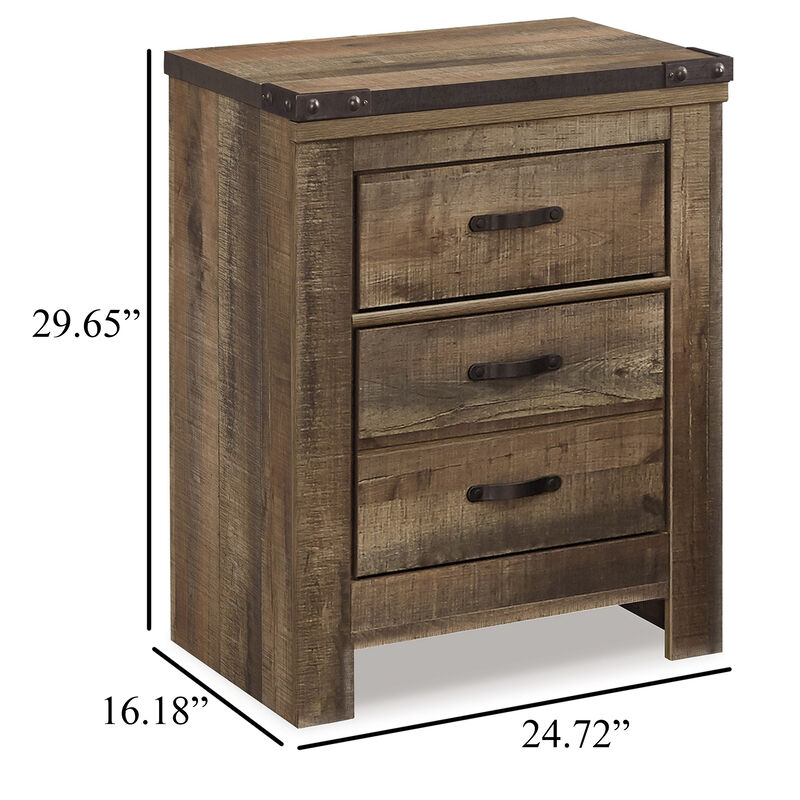 Zoey Nightstand w 2 Drawers, USB Port, Rustic Brown Plank Details - Benzara