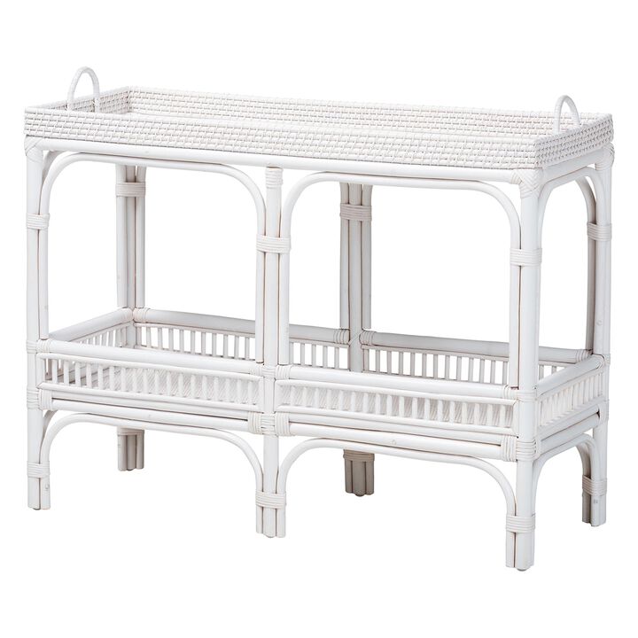 bali & pari Lombok Natural Rattan Console Table - Handwoven Wicker 2-Tier Accent Table with Raised Tray Top for Living Room or Entryway