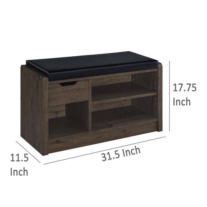 Aryn Storage Bench, Adjustable Shelf, Black Faux Leather, Dark Brown - Benzara