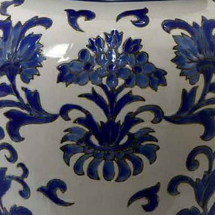 Lise 25 Inch Temple Ginger Jar, Ceramic, Multi Floral Design, White, Blue - Benzara