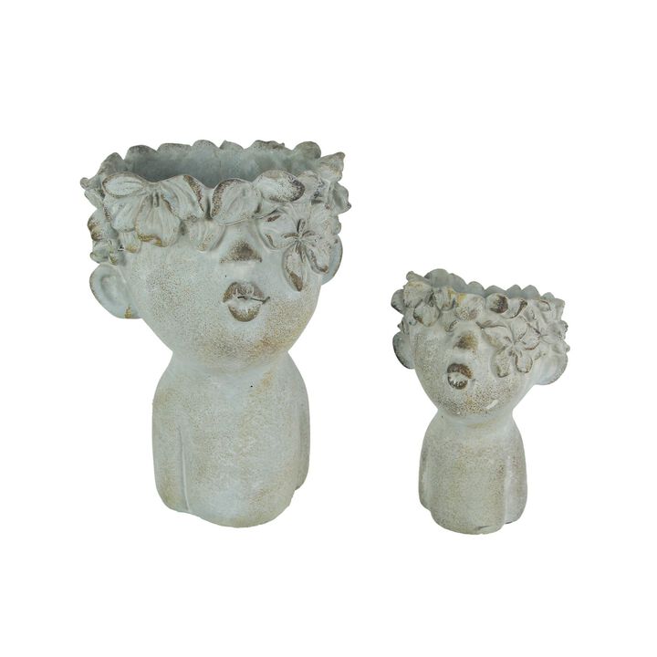 Pair Of Pucker Up Kissing Face Weathered Finish Concrete Head Planters