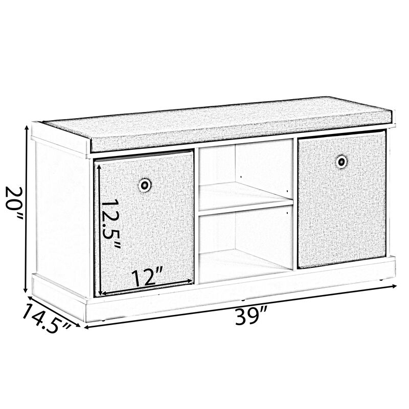 MDF Storage Box Shoe Bench with 2 Shelves, Foldable Baskets and a Gray Cushion, White