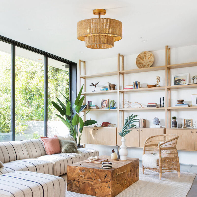 15" Bohemian Gold 2-Tier Hemp Rope Semi Flush Mount Ceiling Light