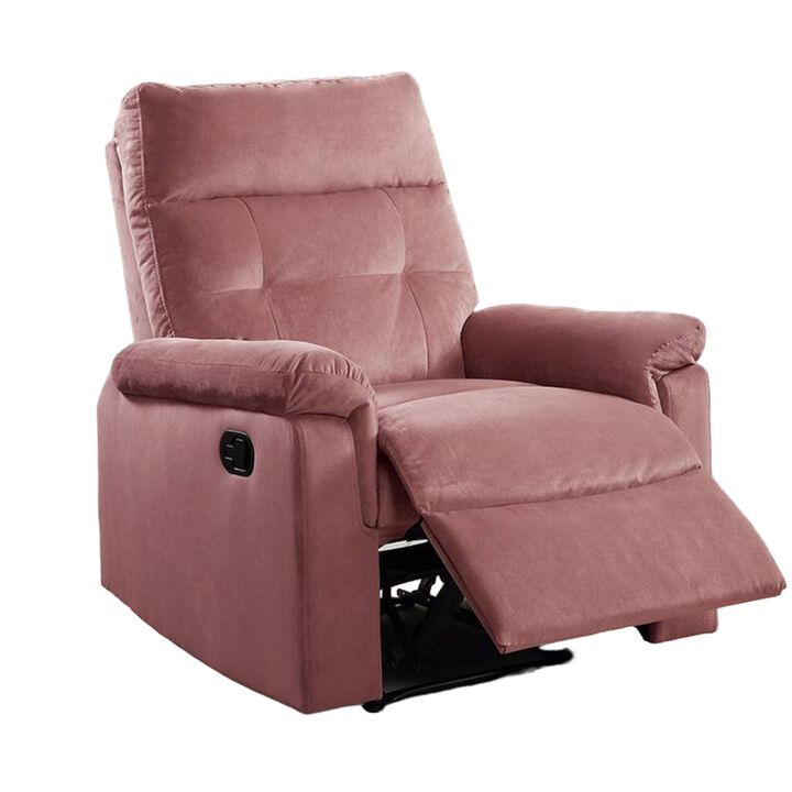 Jessy Manual Recliner Chair, Tufted Cushioned Rose Pink Velvet - Benzara