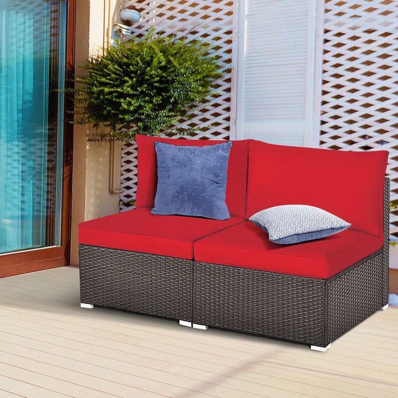 Mondawe 2 Pieces Patio Rattan Armless Sofa Set with 2 Cushions and 2 Pillows