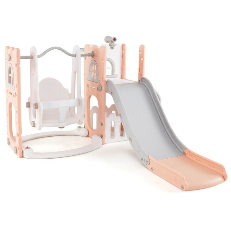 L Shaped 7 in 1 Toddler Swing Set with Slide, Ladder and Basketball Hoop image number 0