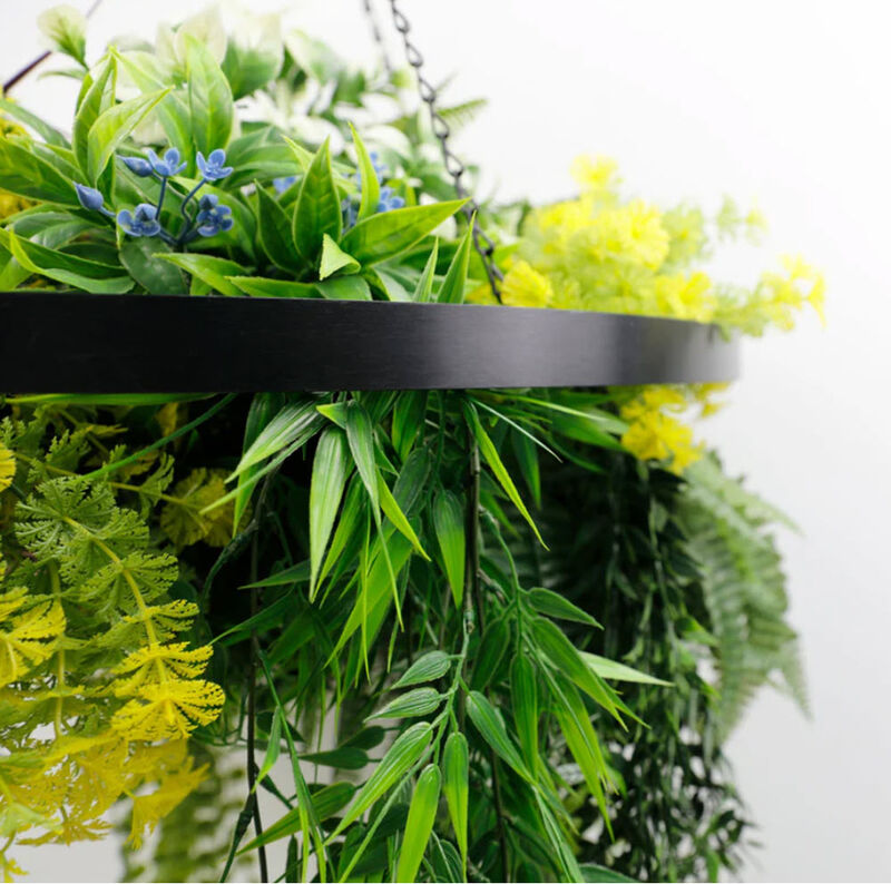 Black Framed Roof Hanging Disc With Tropical Foliage Mix and Draping Stems 23.5" UV Resistant image number 2
