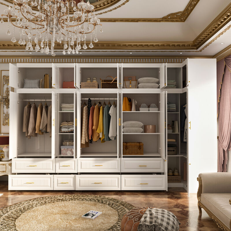 FUFU&GAGA Large Capacity Combined Wardrobe with Embossed Molded Doors, Multi-Functional Hidden Storage for Hanging and Folding Clothes, (144.9 in. W x 20.6 in. D x 93.9 in. H), White