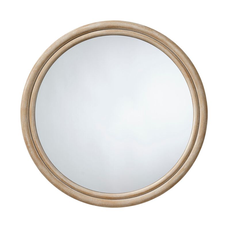 Riri Round Wall Mirror, 36 Inch Brown Wood Frame, Non Beveled Frame - Benzara