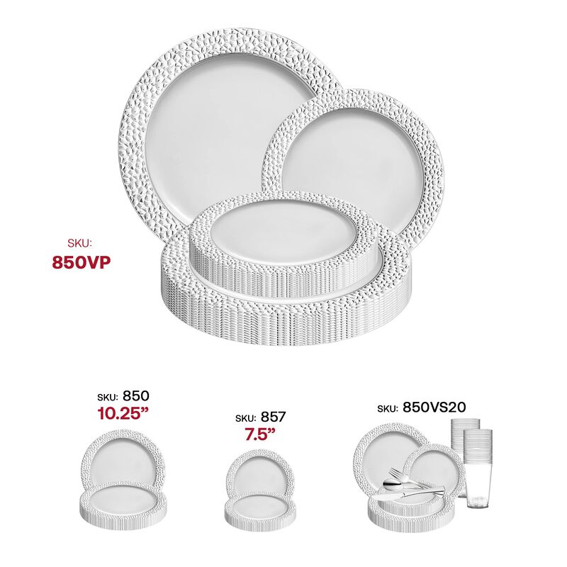 White with Silver Hammered Rim Plastic Dinnerware Value Set (40 Sets) image number 6