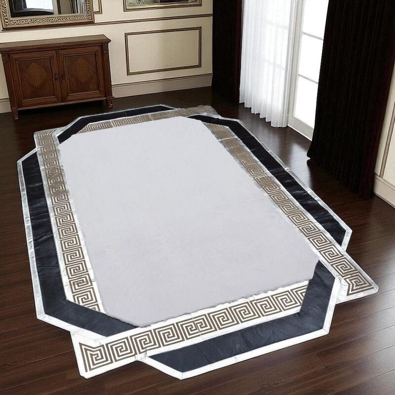Irregular White and Black Plush Rug, Custom Size Soft Fur Carpet, Greek Border Shaggy Rug, Non Slip Carpet image number 1