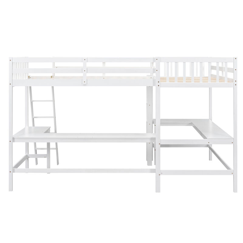 Whisen Wood Twin Size L-Shaped Loft Bed with Ladder and 2 Built-in L-Shaped Desks - White
