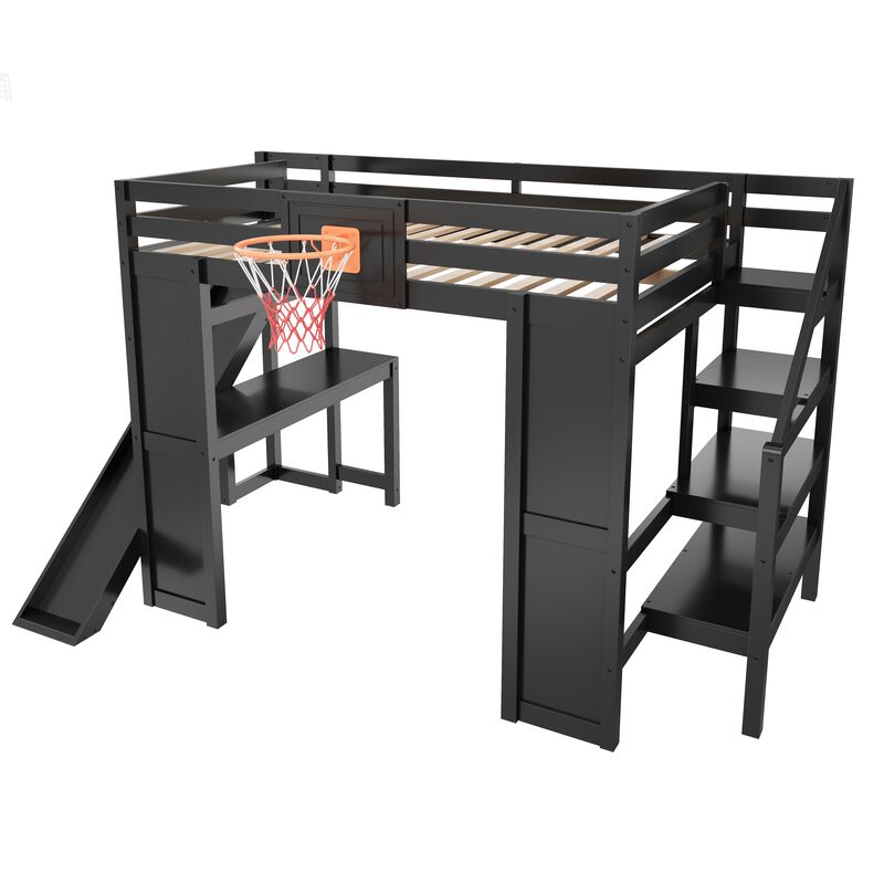 Merax Full Size White Wooden Loft Bed with Staircase Desk, Slide & Basketball image number 0