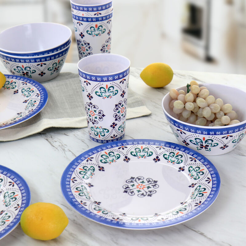 Gibson Everyday Alhambra Blues 12 Piece Melamine Dinnerware Set in Blue and White