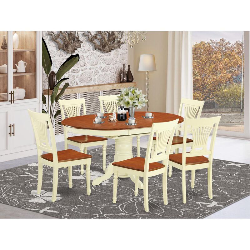 East West Furniture 7  Pc  set  Dinette  Table  featuring  Leaf  and  6  Wood  Dinette  Chairs  in  Buttermilk  and  Cherry