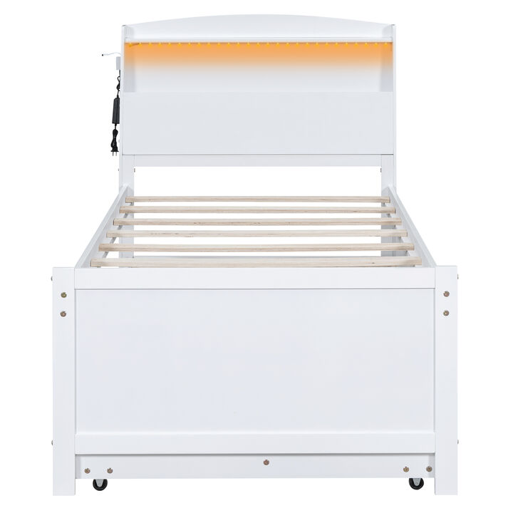 Merax White Platform Bed with LED Headboard, Trundle & Drawers