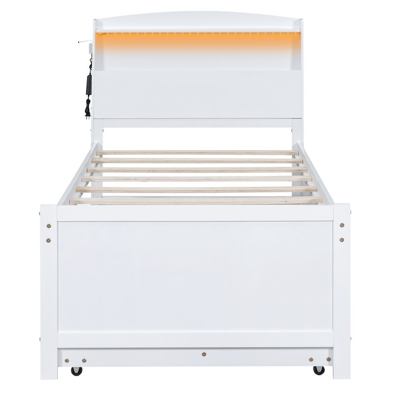 Merax White Platform Bed with LED Headboard, Trundle & Drawers image number 0