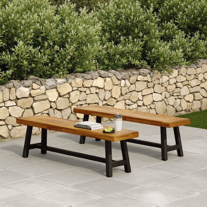 Leslee Outdoor Bench Set of 2, Light Brown Wood, Black Metal, 63 Inch - Benzara