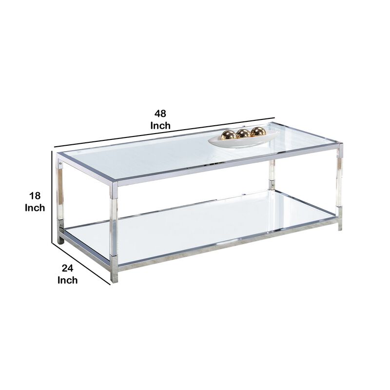 Glass Top Metal Coffee Table with Open Bottom Shelf, Silver and Clear-Benzara