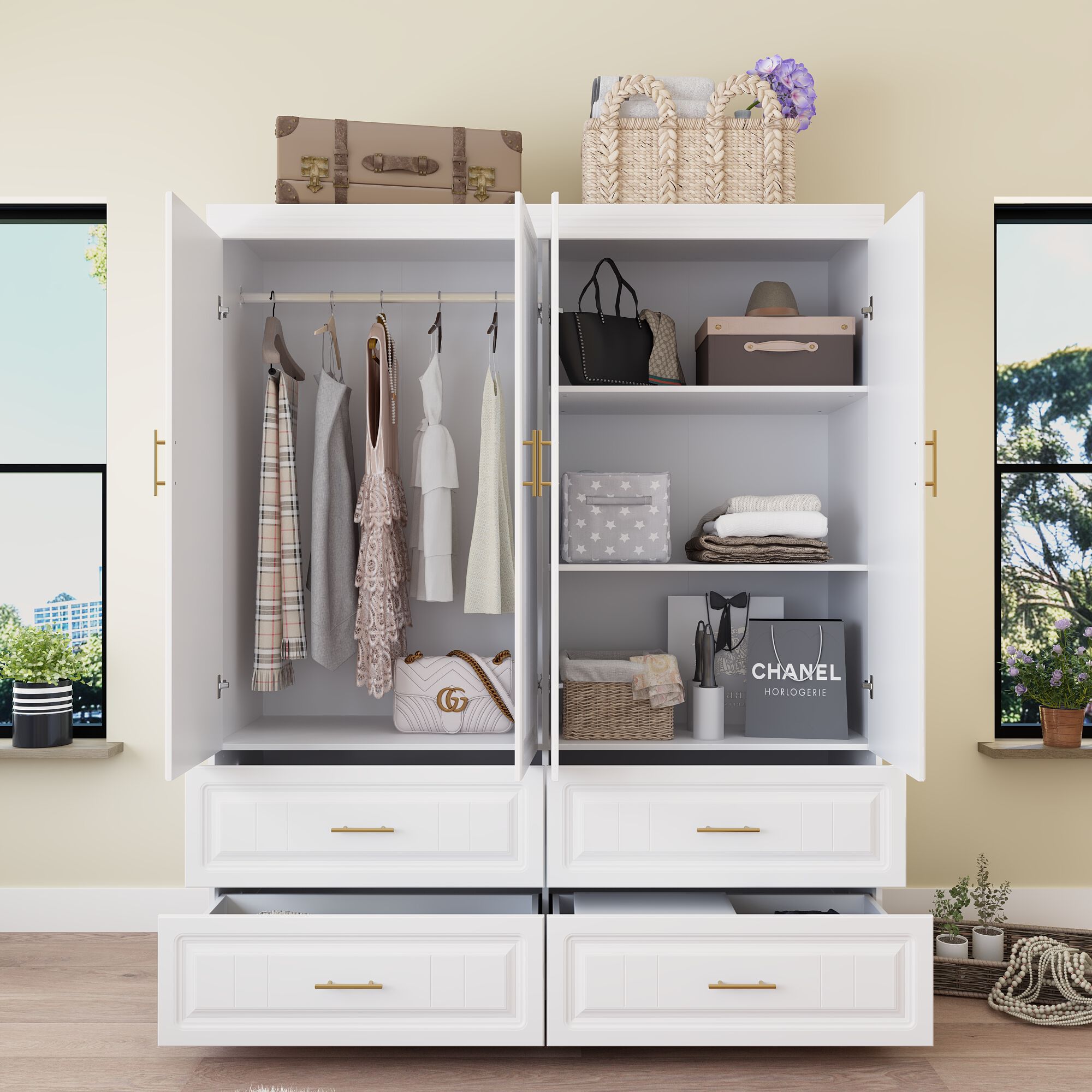 FUFU&GAGA 4-Door Wardrobe Closet with 4 Drawers, Cube Storage, and