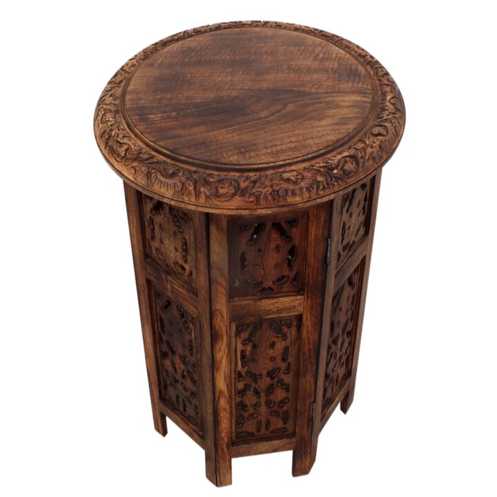 18 Inch Mango Wood Folding Accent Table, Hand Carved, Walnut Brown-Benzara