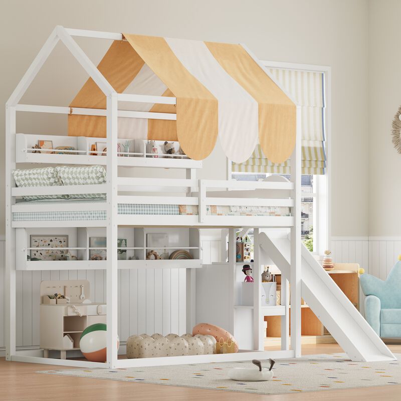 Merax Full Size White Loft Bed with Playhouse Canopy, Slide & Built-In Bookshelves image number 1