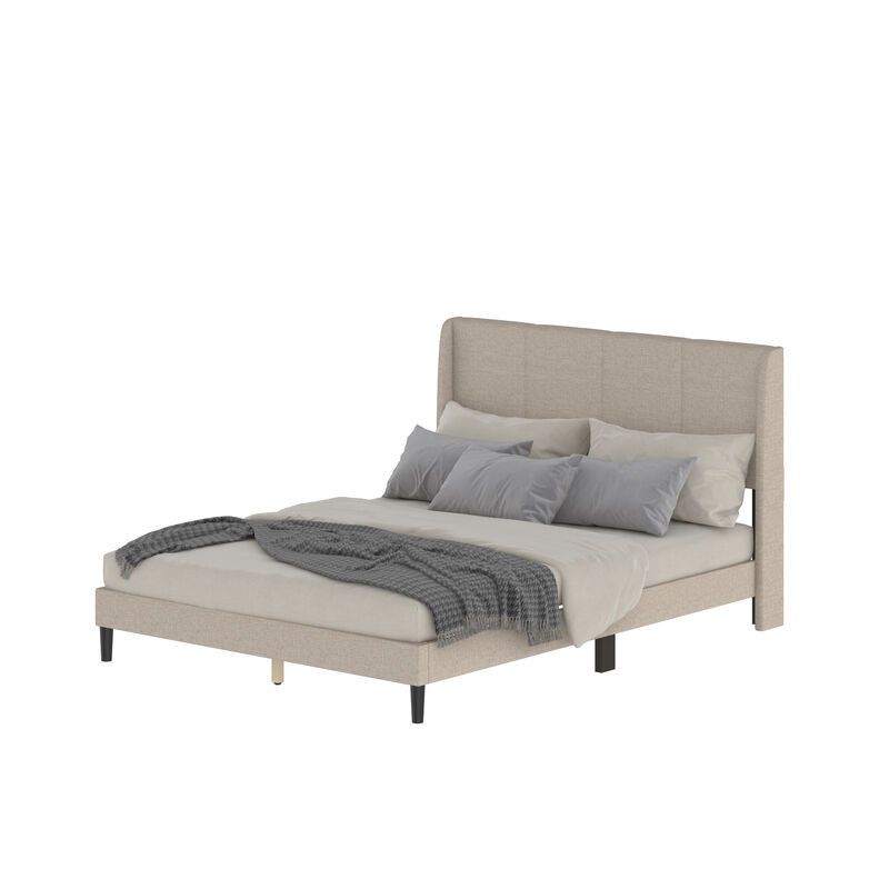FUFU&GAGA Upholstered Queen Size Bed with Soft Polyester Fabric, (82.3"W x 62.6"D x 41.3"H ), Ivory White Finish